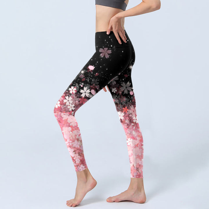 Leggings da yoga da donna con stampa di fiori di ciliegio rosa e Buddha Stones