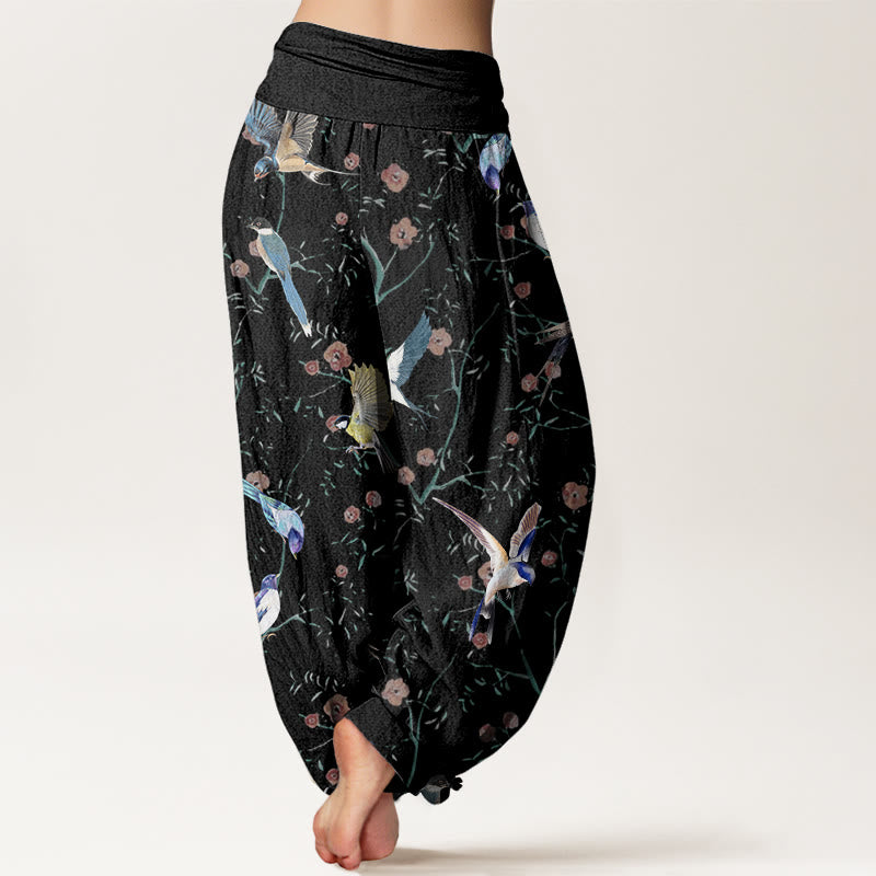 Pantaloni harem elastici in vita da donna con motivo a foglie e fiori di uccello casual Buddha Stones - image 3