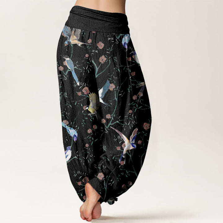 Pantaloni harem elastici in vita da donna con motivo a foglie e fiori di uccello casual Buddha Stones - image 3