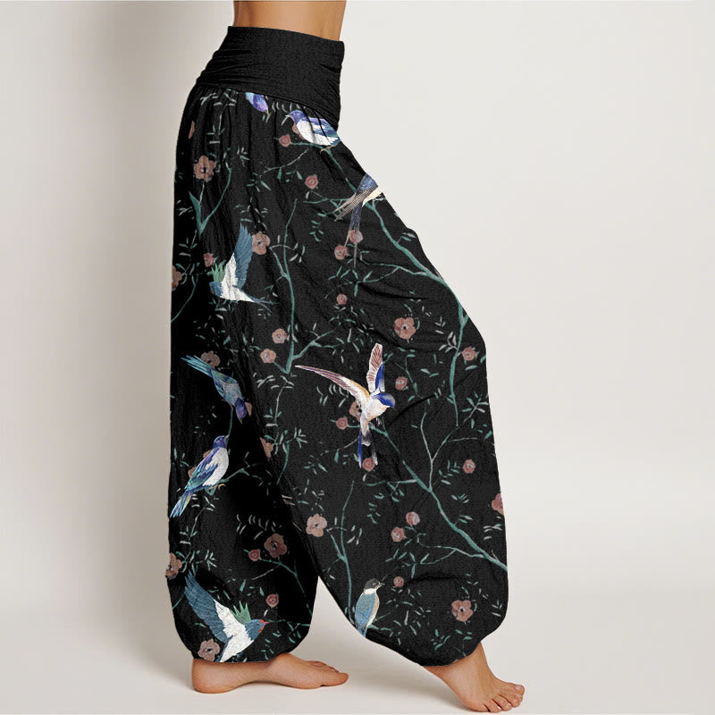 Pantaloni harem elastici in vita da donna con motivo a foglie e fiori di uccello casual Buddha Stones - image 2
