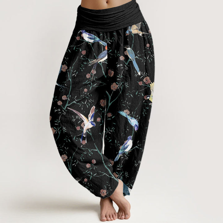 Pantaloni harem elastici in vita da donna con motivo a foglie e fiori di uccello casual Buddha Stones - Nero - US22, UK/AU26, EU54 (6XL) - image 1