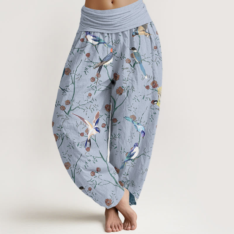 Pantaloni harem elastici in vita da donna con motivo a foglie e fiori di uccello casual Buddha Stones - AzzurroCielo Chiaro - US22, UK/AU26, EU54 (6XL) - image 5