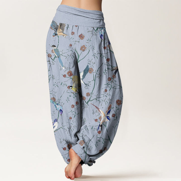 Pantaloni harem elastici in vita da donna con motivo a foglie e fiori di uccello casual Buddha Stones - image 7