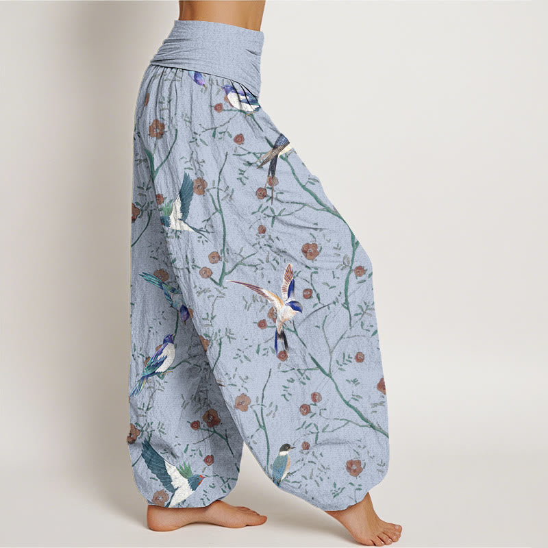 Pantaloni harem elastici in vita da donna con motivo a foglie e fiori di uccello casual Buddha Stones - image 6