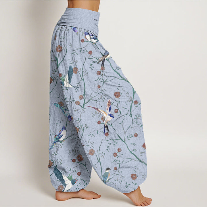 Pantaloni harem elastici in vita da donna con motivo a foglie e fiori di uccello casual Buddha Stones - image 6