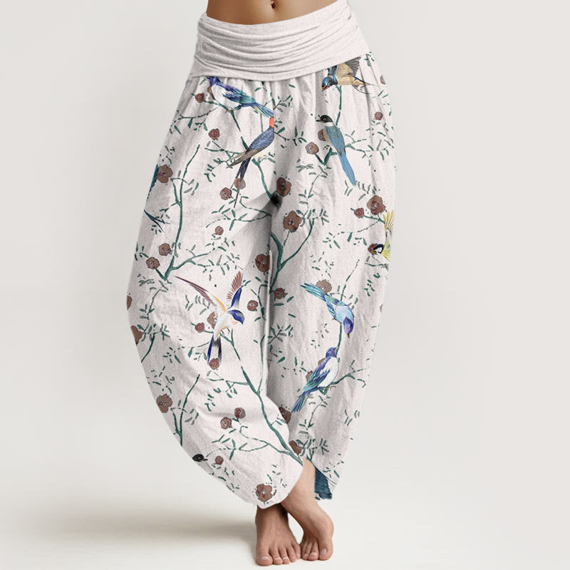 Pantaloni harem elastici in vita da donna con motivo a foglie e fiori di uccello casual Buddha Stones - Fumo bianco - US22, UK/AU26, EU54 (6XL) - image 8