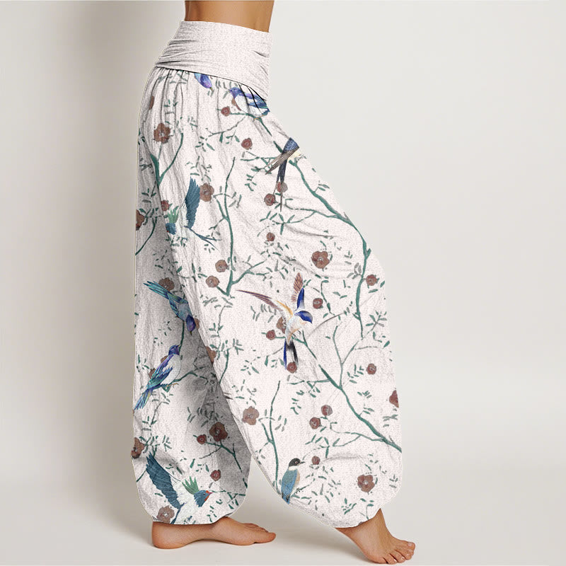 Pantaloni harem elastici in vita da donna con motivo a foglie e fiori di uccello casual Buddha Stones - image 9