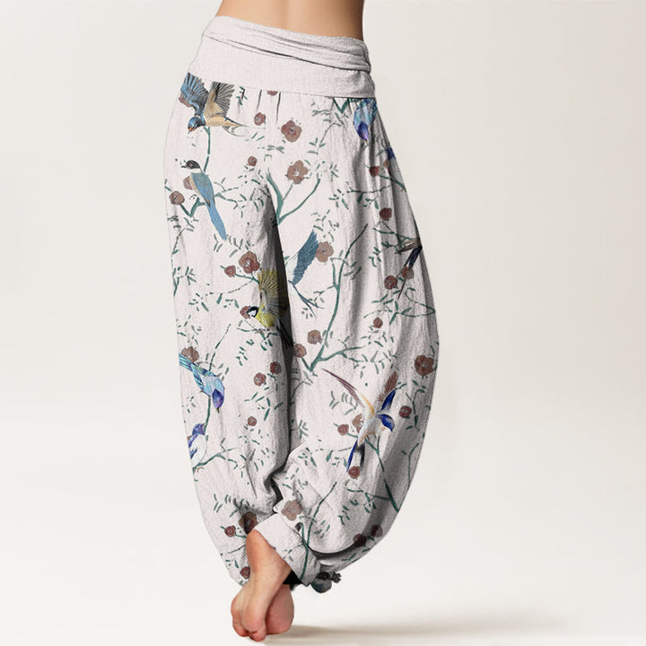 Pantaloni harem elastici in vita da donna con motivo a foglie e fiori di uccello casual Buddha Stones - image 10