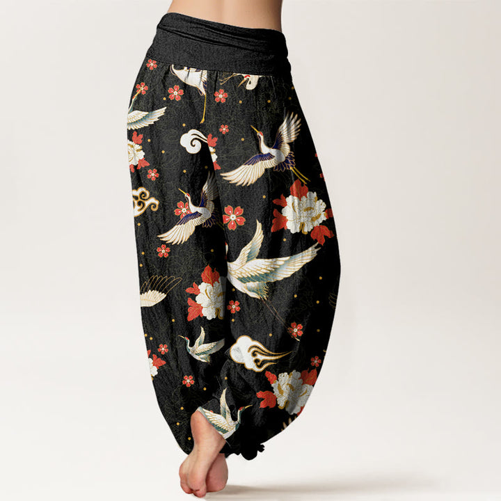 Pantaloni harem elastici in vita da donna con motivo a fiori di peonia, motivo a fiori di ciliegio, motivo casual con gru coronata rossa Buddha Stones - image 3