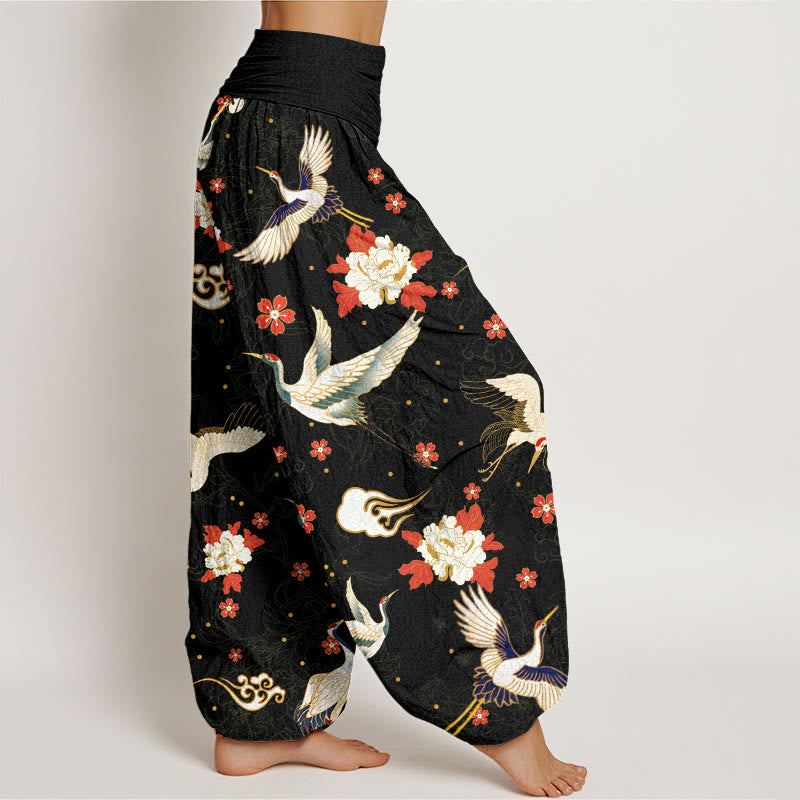 Pantaloni harem elastici in vita da donna con motivo a fiori di peonia, motivo a fiori di ciliegio, motivo casual con gru coronata rossa Buddha Stones - image 2