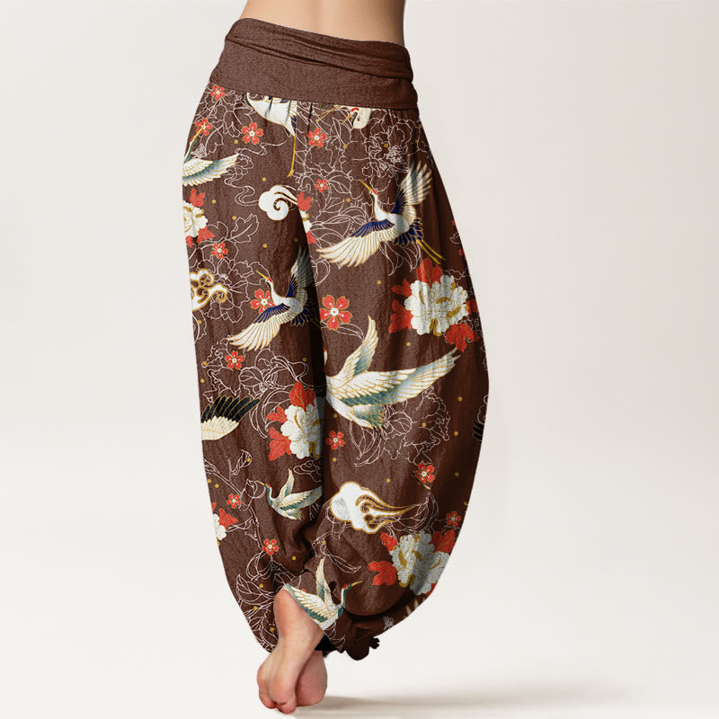 Pantaloni harem elastici in vita da donna con motivo a fiori di peonia, motivo a fiori di ciliegio, motivo casual con gru coronata rossa Buddha Stones - image 7