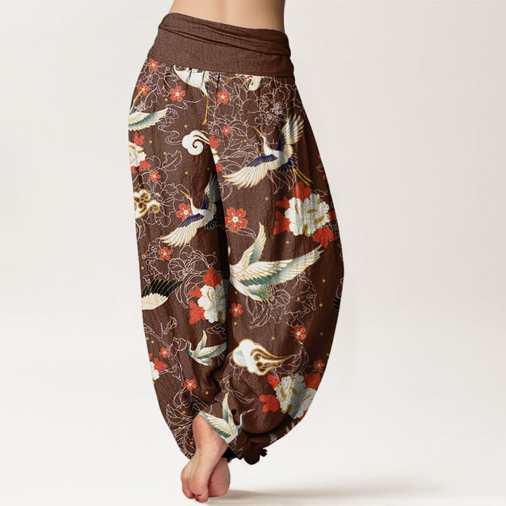 Pantaloni harem elastici in vita da donna con motivo a fiori di peonia, motivo a fiori di ciliegio, motivo casual con gru coronata rossa Buddha Stones - image 7
