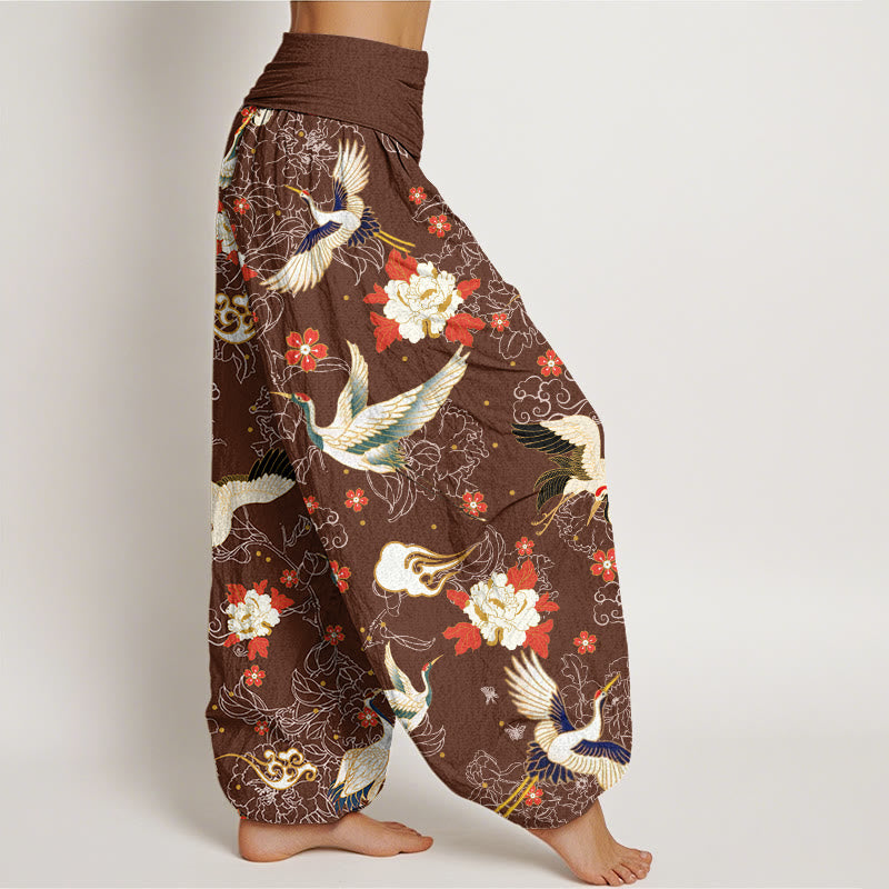 Pantaloni harem elastici in vita da donna con motivo a fiori di peonia, motivo a fiori di ciliegio, motivo casual con gru coronata rossa Buddha Stones - image 6