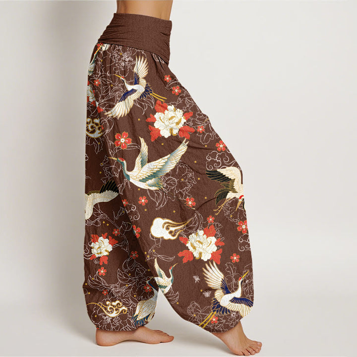 Pantaloni harem elastici in vita da donna con motivo a fiori di peonia, motivo a fiori di ciliegio, motivo casual con gru coronata rossa Buddha Stones - image 6