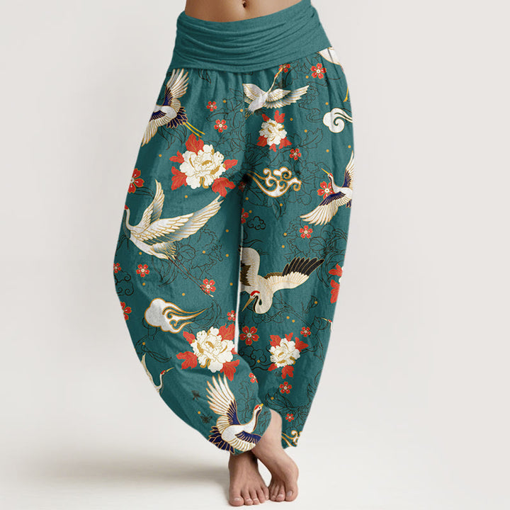 Pantaloni harem elastici in vita da donna con motivo a fiori di peonia, motivo a fiori di ciliegio, motivo casual con gru coronata rossa Buddha Stones - Ciano scuro - US22, UK/AU26, EU54 (6XL) - image 8