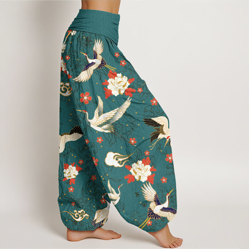 Pantaloni harem elastici in vita da donna con motivo a fiori di peonia, motivo a fiori di ciliegio, motivo casual con gru coronata rossa Buddha Stones - image 9