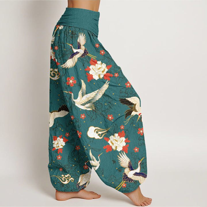 Pantaloni harem elastici in vita da donna con motivo a fiori di peonia, motivo a fiori di ciliegio, motivo casual con gru coronata rossa Buddha Stones - image 9