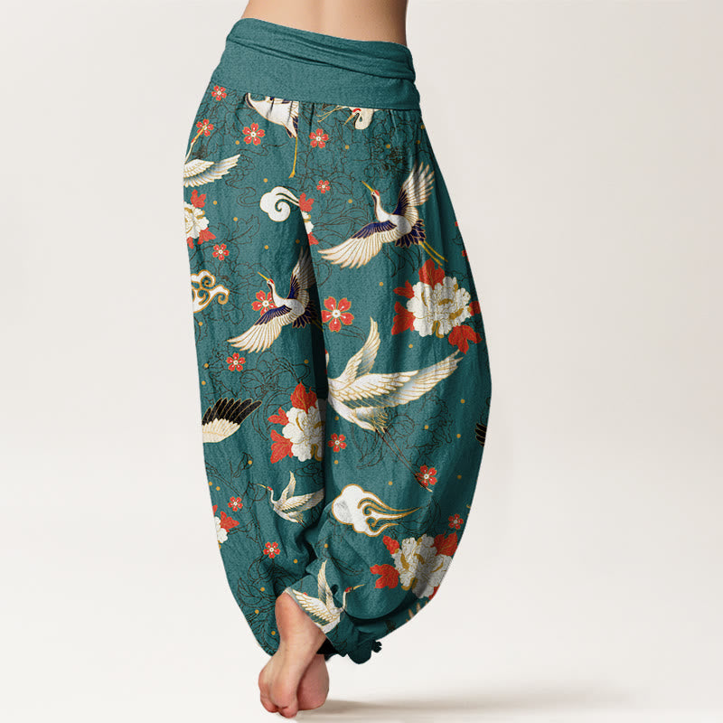 Pantaloni harem elastici in vita da donna con motivo a fiori di peonia, motivo a fiori di ciliegio, motivo casual con gru coronata rossa Buddha Stones - image 10