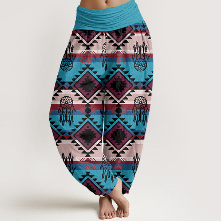 Pantaloni harem con elastico in vita da donna, modello casual simmetrico acchiappasogni, stile tessile Navajo , Buddha Stones - Blu profondo - US22, UK/AU26, EU54 (6XL) - image 1