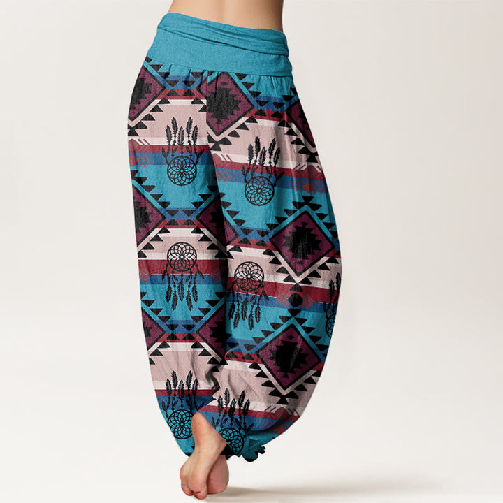 Pantaloni harem con elastico in vita da donna, modello casual simmetrico acchiappasogni, stile tessile Navajo , Buddha Stones - image 3