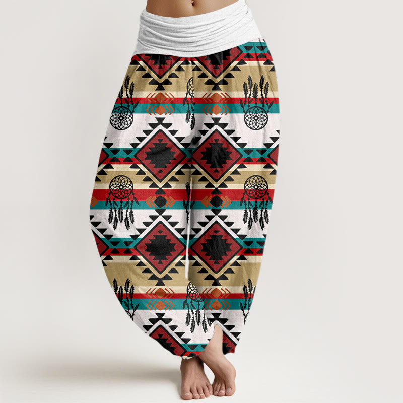 Pantaloni harem con elastico in vita da donna, modello casual simmetrico acchiappasogni, stile tessile Navajo , Buddha Stones - Bianco Fantasma - US22, UK/AU26, EU54 (6XL) - image 5
