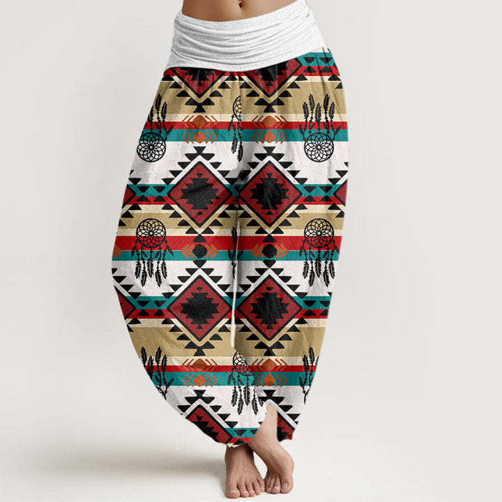Pantaloni harem con elastico in vita da donna, modello casual simmetrico acchiappasogni, stile tessile Navajo , Buddha Stones - Bianco Fantasma - US22, UK/AU26, EU54 (6XL) - image 5