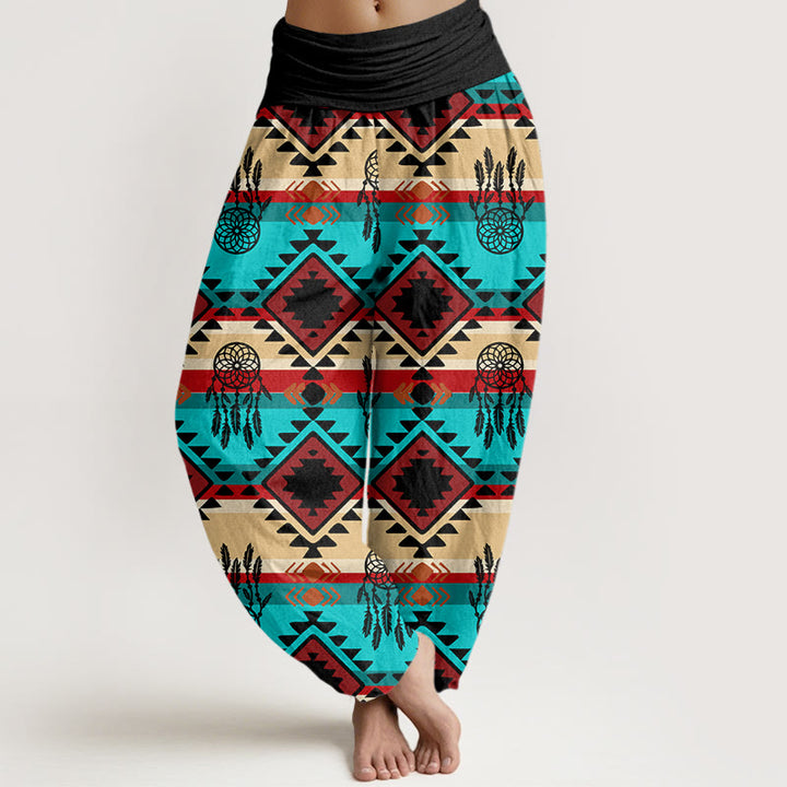 Pantaloni harem con elastico in vita da donna, modello casual simmetrico acchiappasogni, stile tessile Navajo , Buddha Stones - Nero - US22, UK/AU26, EU54 (6XL) - image 8