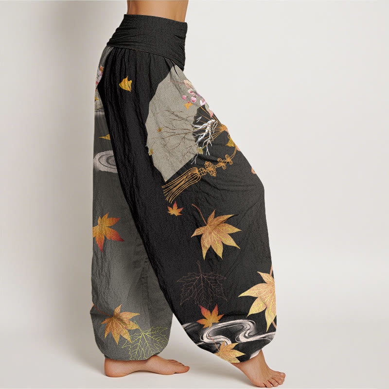 Pantaloni harem da donna con elastico in vita, modello Buddha Stones Cotton Casual Folding Fan Flowers Maple Leaves Cloud - image 1