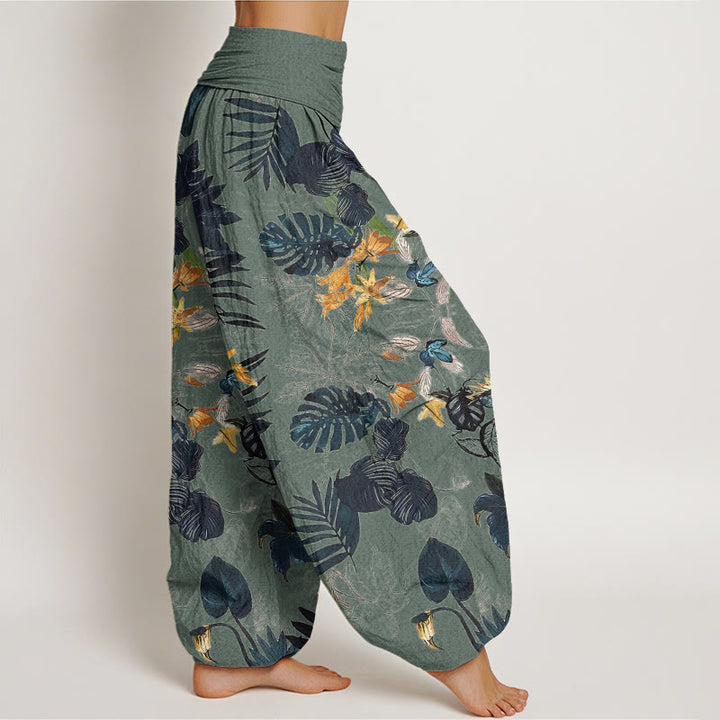 Pantaloni harem elastici in vita da donna con motivo Buddha Stones Yellow Flowers Green Leaves - image 3
