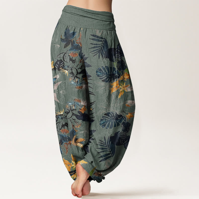 Pantaloni harem elastici in vita da donna con motivo Buddha Stones Yellow Flowers Green Leaves - image 2