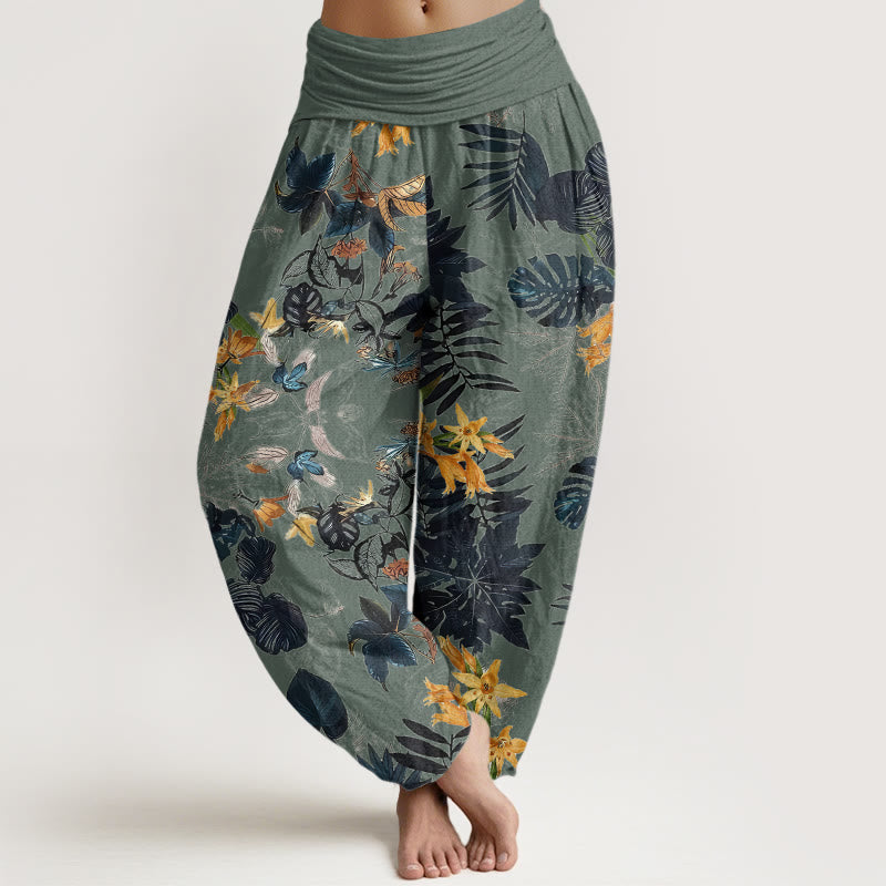 Pantaloni harem elastici in vita da donna con motivo Buddha Stones Yellow Flowers Green Leaves - Acquamarina media - US22, UK/AU26, EU54 (6XL) - image 1