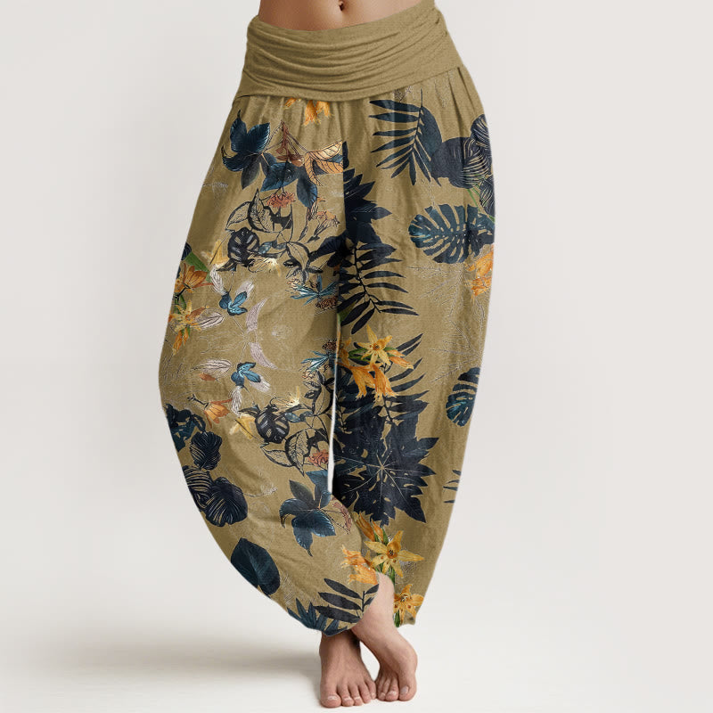 Pantaloni harem elastici in vita da donna con motivo Buddha Stones Yellow Flowers Green Leaves - DarkKhaki - US22, UK/AU26, EU54 (6XL) - image 5