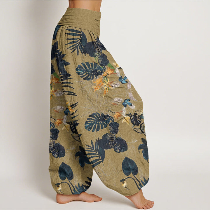 Pantaloni harem elastici in vita da donna con motivo Buddha Stones Yellow Flowers Green Leaves - image 7