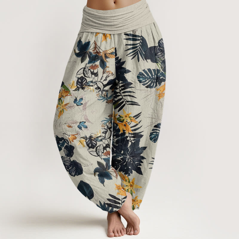 Pantaloni harem elastici in vita da donna con motivo Buddha Stones Yellow Flowers Green Leaves - Beige - US22, UK/AU26, EU54 (6XL) - image 8
