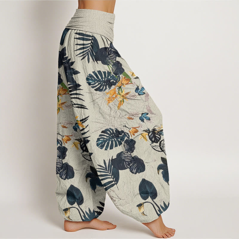 Pantaloni harem elastici in vita da donna con motivo Buddha Stones Yellow Flowers Green Leaves - image 10
