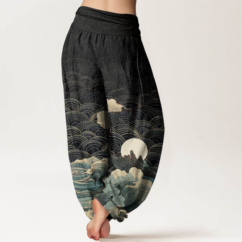 Pantaloni harem da donna con elastico in vita, motivo a onde, luna e montagne, in cotone, casual, con Buddha Stones - image 2