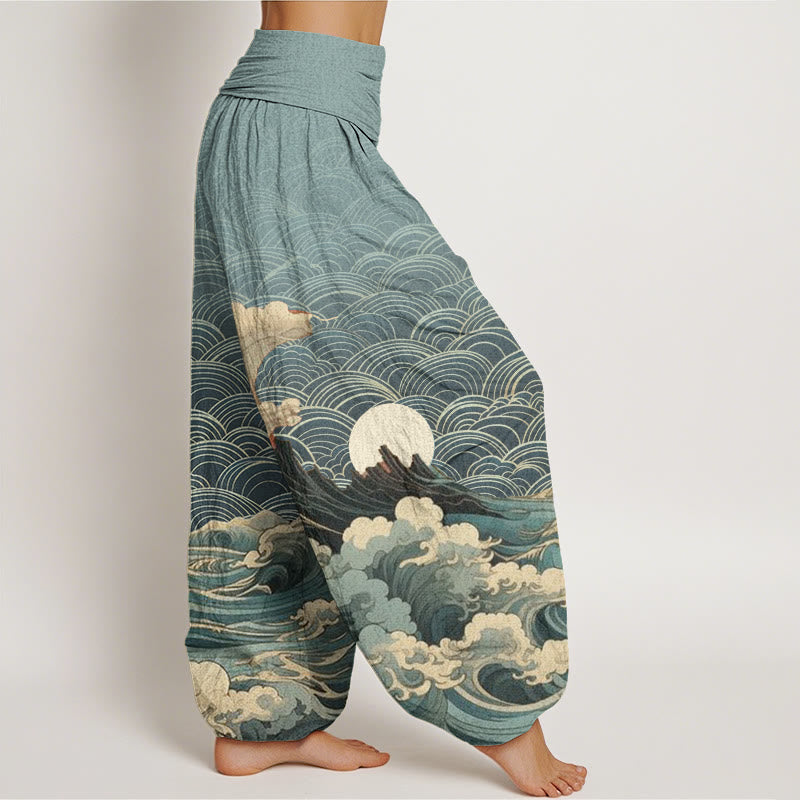 Pantaloni harem con elastico in vita da donna, motivo casual con onde e montagne Buddha Stones - image 6