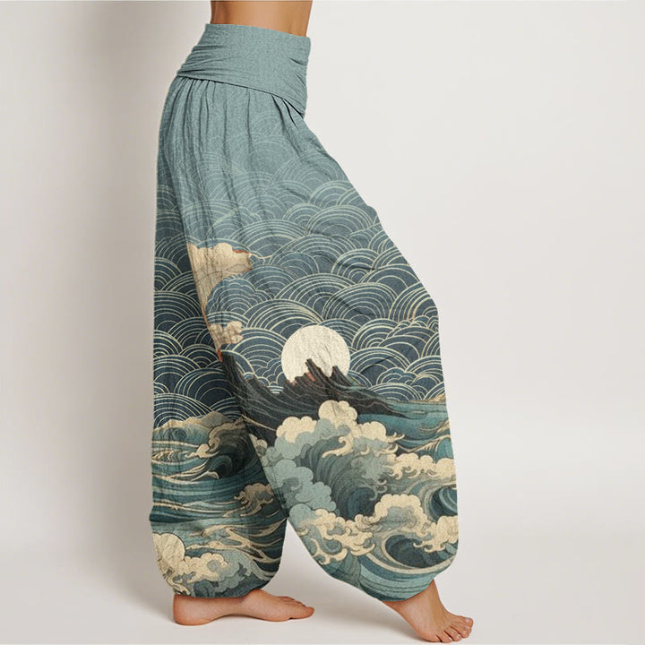 Pantaloni harem con elastico in vita da donna, motivo casual con onde e montagne Buddha Stones - image 6