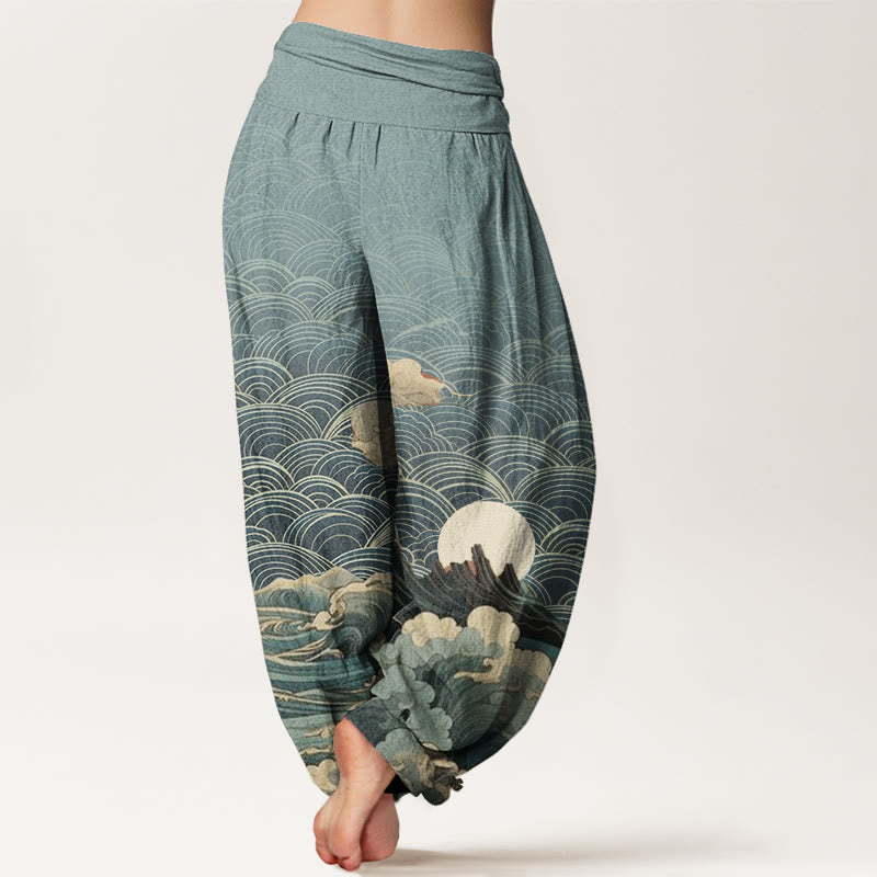 Pantaloni harem da donna con elastico in vita, motivo a onde, luna e montagne, in cotone, casual, con Buddha Stones - image 6
