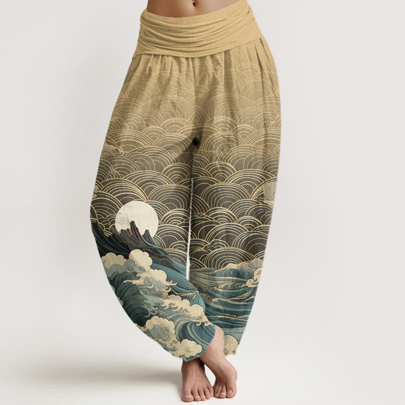 Pantaloni harem da donna con elastico in vita, motivo a onde, luna e montagne, in cotone, casual, con Buddha Stones - Grano - US22, UK/AU26, EU54 (6XL) - image 7