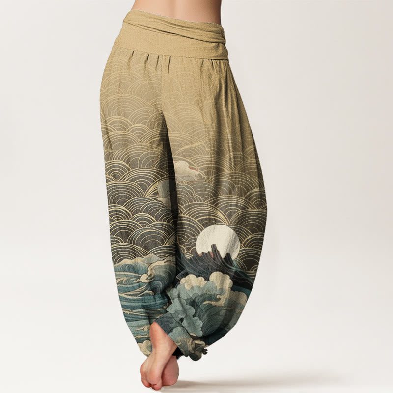 Pantaloni harem con elastico in vita da donna, motivo casual con onde e montagne Buddha Stones - image 10