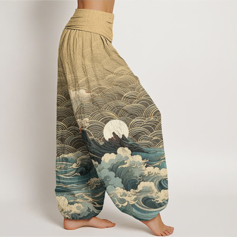 Pantaloni harem con elastico in vita da donna, motivo casual con onde e montagne Buddha Stones - image 9
