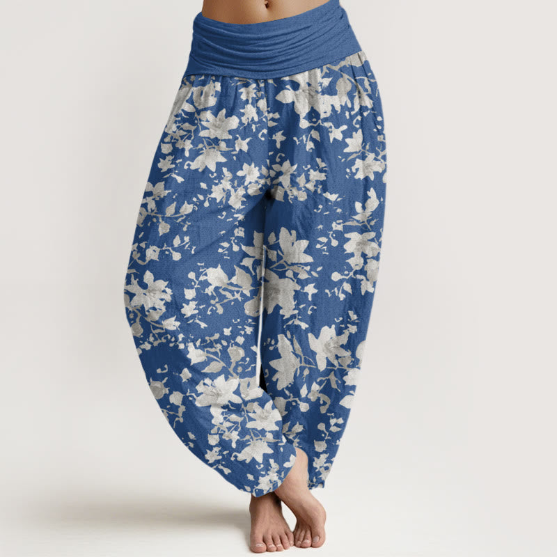 Pantaloni harem da donna con elastico in vita e motivo a foglie di cotone con Buddha Stones - SteelBlue - US22, UK/AU26, EU54 (6XL) - image 7