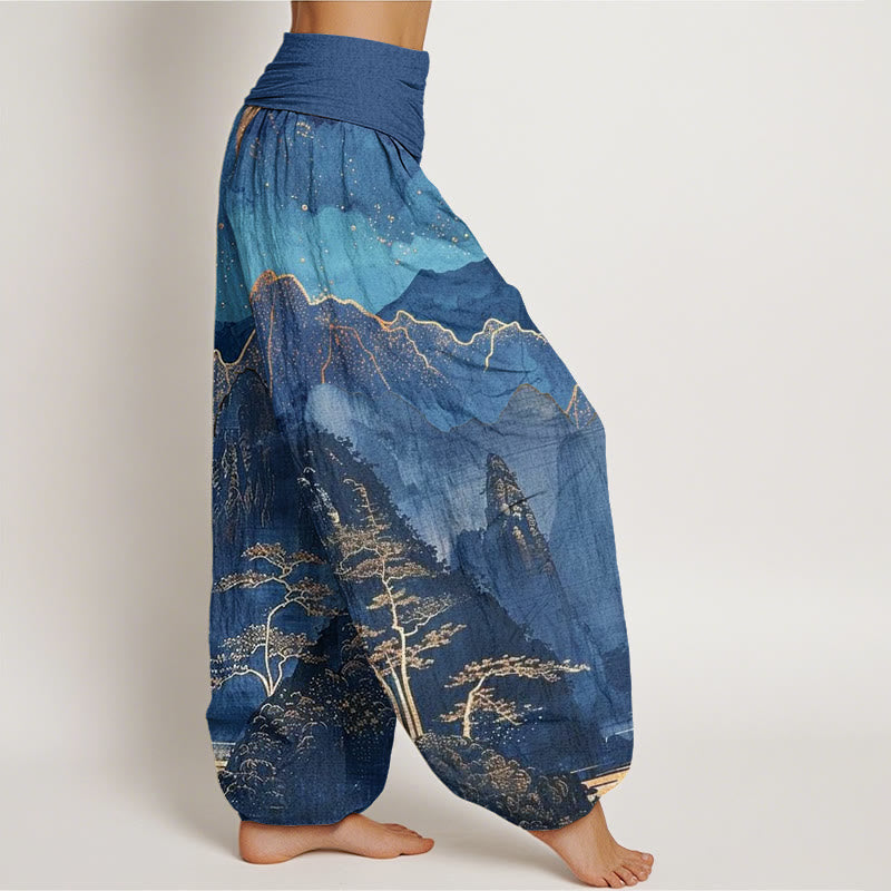 Buddha Stones harem da donna con elastico in vita, in cotone, casual, motivo: luna piena, montagne, alberi e fiume - image 1