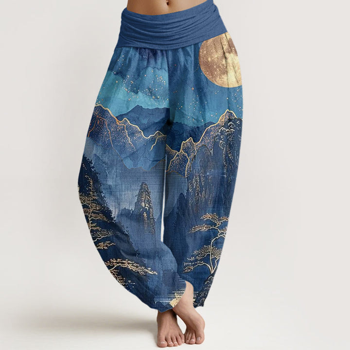 Buddha Stones harem da donna con elastico in vita, in cotone, casual, motivo: luna piena, montagne, alberi e fiume - SteelBlue - US22, UK/AU26, EU54 (6XL) - image 0