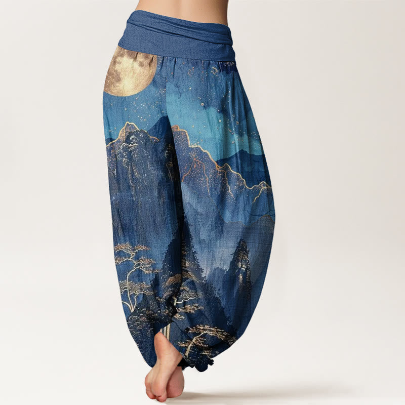 Buddha Stones harem da donna con elastico in vita, in cotone, casual, motivo: luna piena, montagne, alberi e fiume - image 2