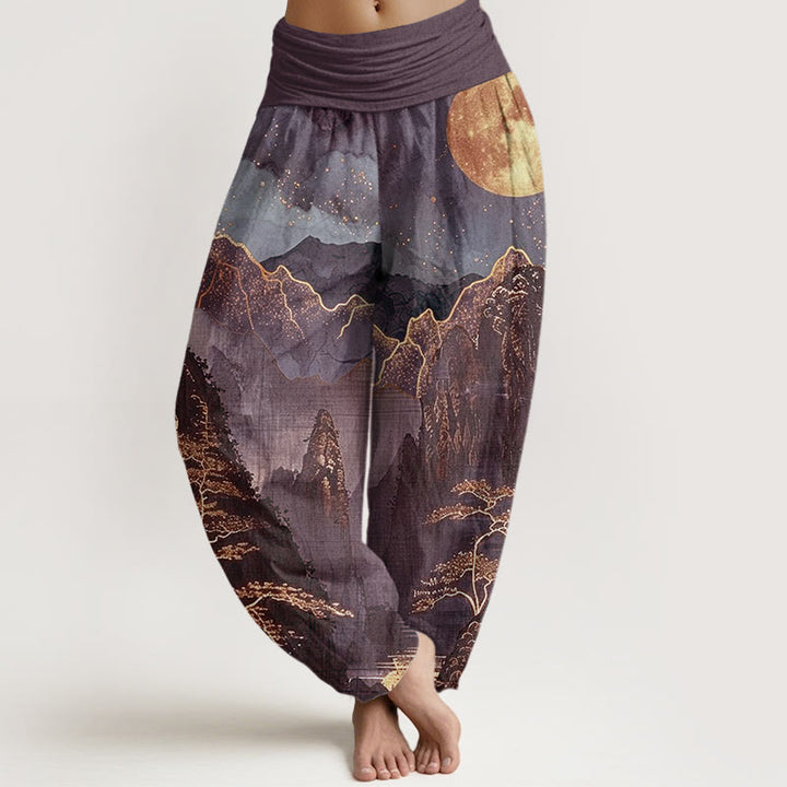 Buddha Stones harem da donna con elastico in vita, in cotone, casual, motivo: luna piena, montagne, alberi e fiume - Magenta scuro - US22, UK/AU26, EU54 (6XL) - image 4