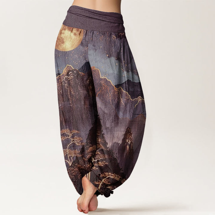 Buddha Stones harem da donna con elastico in vita, in cotone, casual, motivo: luna piena, montagne, alberi e fiume - image 6