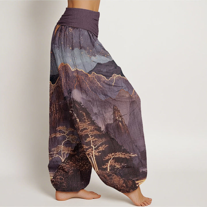 Buddha Stones harem da donna con elastico in vita, in cotone, casual, motivo: luna piena, montagne, alberi e fiume - image 5