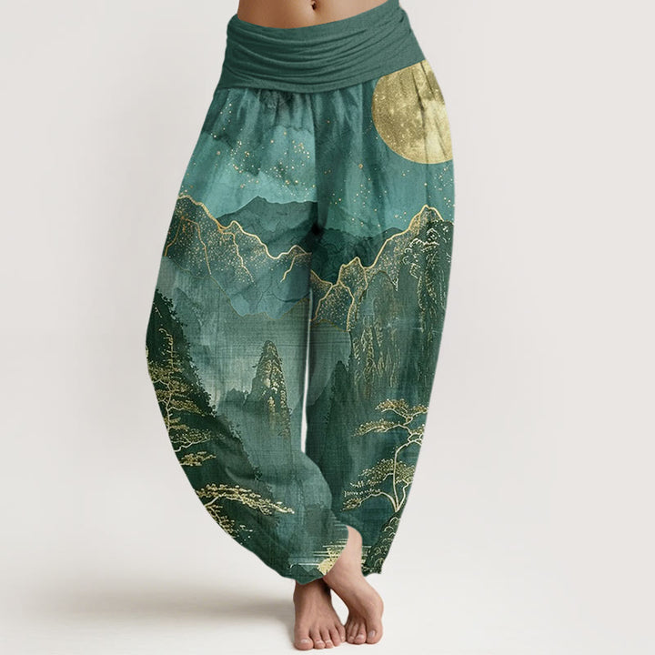 Buddha Stones harem da donna con elastico in vita, in cotone, casual, motivo: luna piena, montagne, alberi e fiume - Ciano scuro - US22, UK/AU26, EU54 (6XL) - image 7